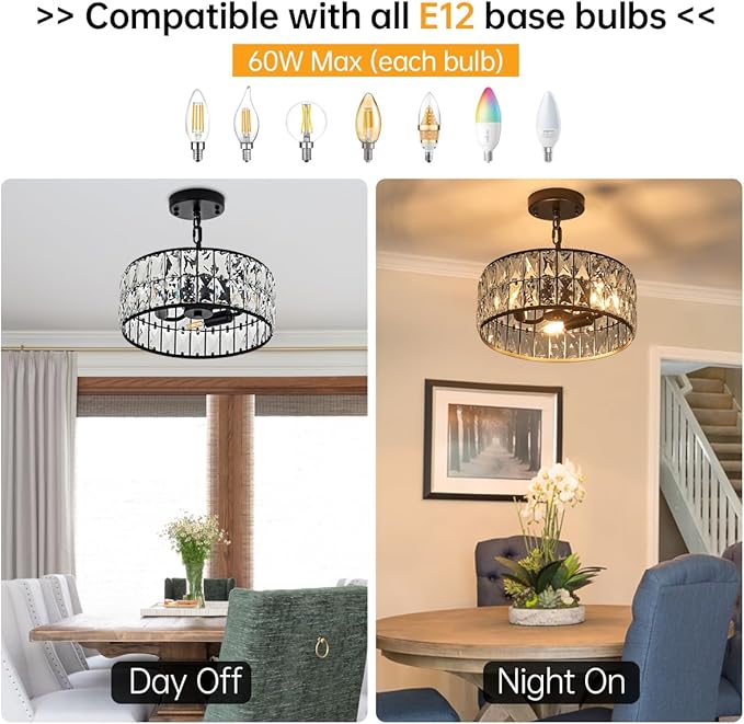 12” 3-Light Modern Crystal Chandeliers Black Dinning Room Light Fixture, Round Pendant Light Kitchen Island Chandelier, Flush Mount Ceiling Light for Living Room Entryway Bedroom Foyer-Ruum Studio Home
