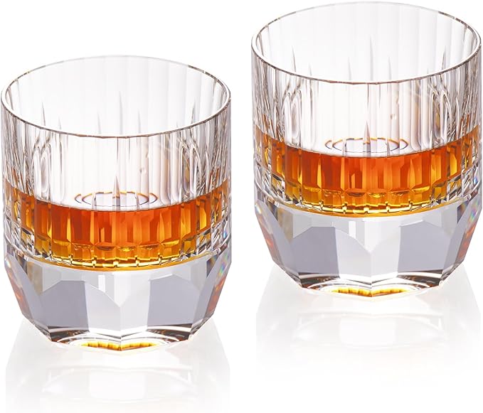 KAMMAK Crystal Whiskey Glasses Set of 2, 7.44oz Old Fashioned Glasses Stemless, Luxury Hand Blown White Cocktail Glasses, Handcrafted Cut Design Octagon Cup for Women, Men Gift for Bourbon-Ruum Studio Home