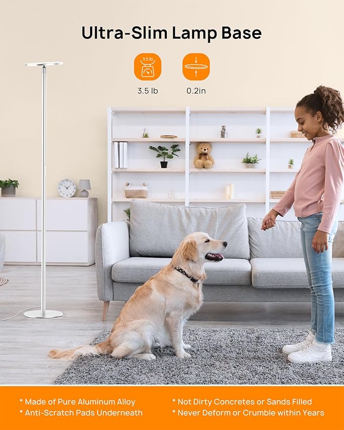TROND Floor Lamp, 5000LM Super Bright Sky LED Modern Torchiere Standing Lamp, 3000K Warm White with 5-Level Dimmable, 71 in Tall Pole Light, 30-Minute Timer, Modular Rod, Wall Switch Compatible-Ruum Studio Home