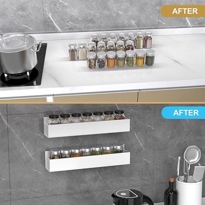 PMMASTO Adhesive Acrylic Spice Rack Organizer for Wall with Nano Double Sided Tape, Spice Shelf Organization for Kitchen Cabinet Door/Pantry Door, Wall Mount Seasoning Rack (White-2 Pack)-Ruum Studio Home