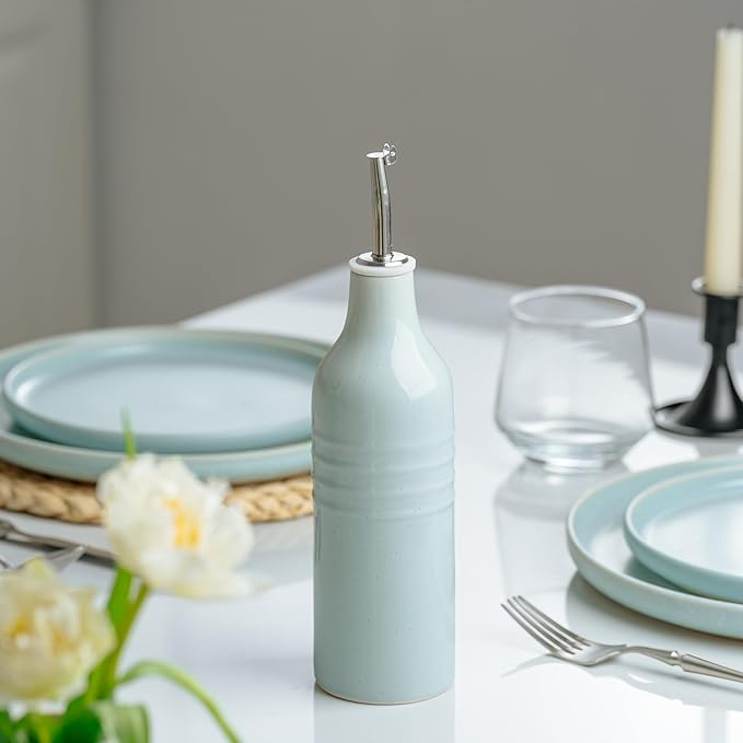 famiware Jupiter 16oz Ceramic Olive Oil Dispenser Bottle, Olive Oil and Vinegar Dispenser Bottle Set of 2 with Stainless Steel Pourers, Suitable for Storage Vinegar, Light Blue & Vanilla White-Ruum Studio Home