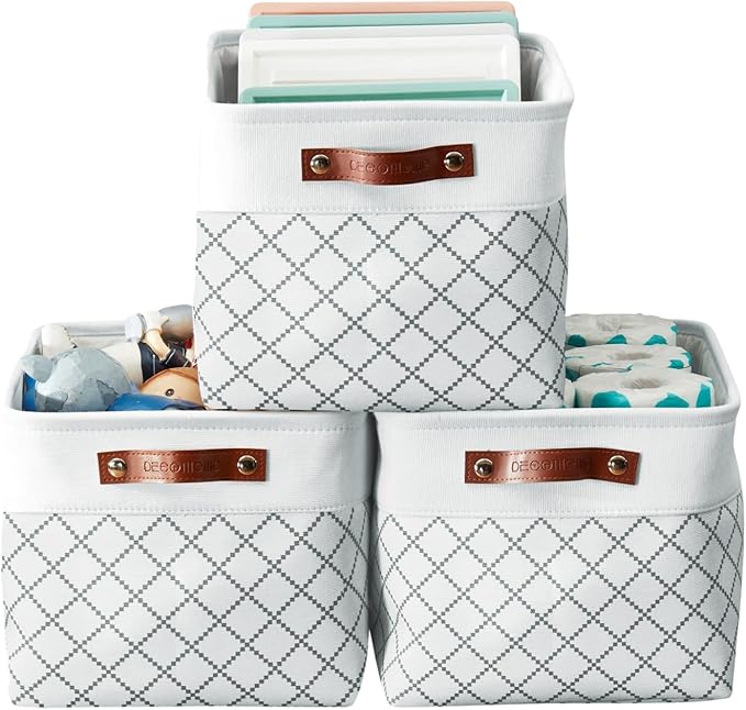 DECOMOMO White Storage Bins Fabric Storage Baskets for Shelves, Linen Closet Organization Toys Nursery (White Check, Large - 3 Pack)-Ruum Studio Home