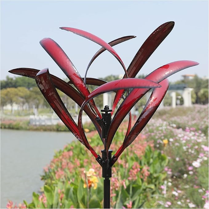 82 inch Wind Spinners Outdoor - Extra Large Metal Wind Sculptures & Spinner with Stake, Big Clearance Windmills for The Yard and Garden, Tall Yard Art Decor-Burgundy Red-Ruum Studio Home