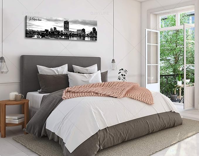 DJSYLIFE Milwaukee Skyline Wall Art Black and White Stretched Canvas Wall Art Prints for Bedroom or Office Decoration Ready to Hang 13.8" x 47.3"-Ruum Studio Home