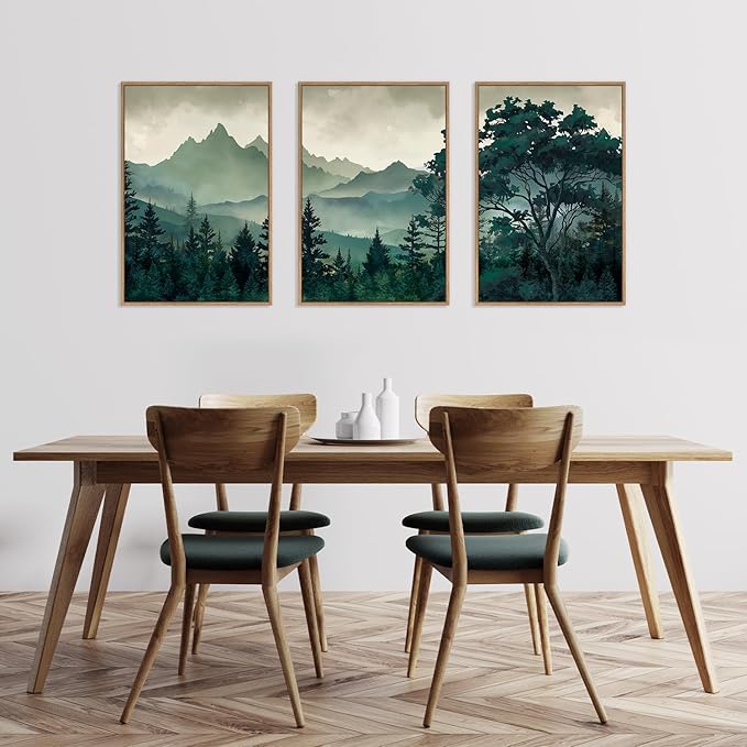 HLNIUC Green Foggy Forest Framed Canvas Wall Art Set,Watercolor Boho Pine Tree Wall Decor,Modern Misty Mountain Scenery Art Print,Nature Landscape Wall Painting for Living Room,Bedroom - 16”x24”x3-Ruum Studio Home
