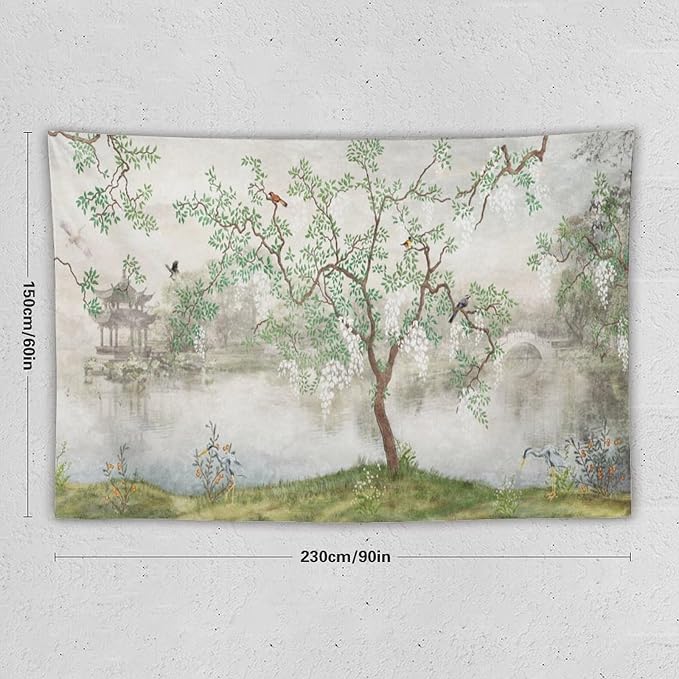 HZOHNAGO Japanese Tapestry Tree Misty Garden Lake Printed Wall Tapestry Ink Painting Wall Hanging for Bedroom Living Room Dorm 90" W x 60" H-Ruum Studio Home