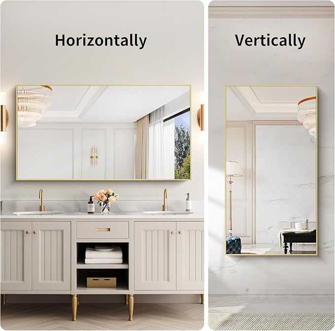 30x55In Gold Bathroom Mirror for Wall, Brushed Gold Rectangle Mirrors with Metal Frame, Bathroom Rectangular Mirror Modern Wall Mirror for Bedroom Living Room, Hangs Horizontal or Vertical-Ruum Studio Home