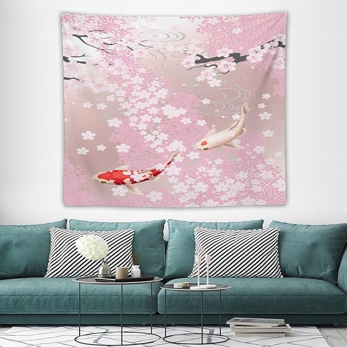 Houselerax Japanese Koi Fish Tapestry, Cherry Blossoms Asian Oriental Pink Flower Branch Koi Fish Carp Tapestries Wall Hanging for Bedroom Living Room Office Decor 60"x50"-Ruum Studio Home