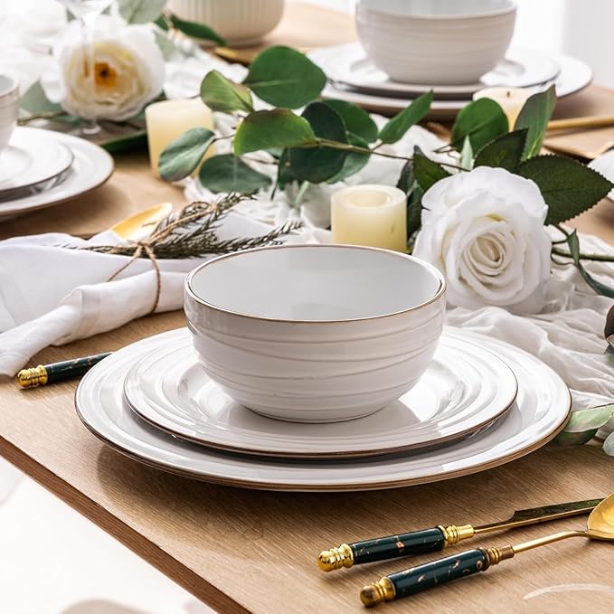 GBHOME Ceramic Dinnerware Sets, 24 pcs Embossed Elegant Stoneware Plates and Bowls Sets, Housewarming Wedding Gift | Dishwasher & Microwave Safe | Dishes Set Service for 8-Ruum Studio Home