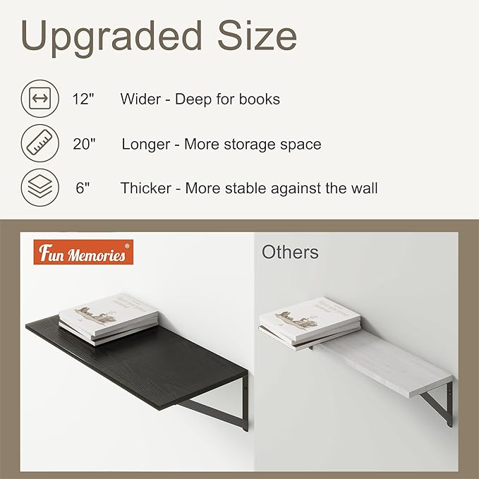 Fun Memories 20 Inch Floating Shelves for Wall, Black Bathroom Shelves Set of 2, 12 Inch Deep Wall Shelf for Bedroom, Kitchen, Large Home Decor Shelves Farmhouse Storage Shelf-Ruum Studio Home