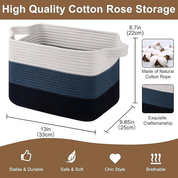 Storage Basket for Organizing, Woven Baskets for Storage, Rectangle Decorative Baskets for Shleves, Closet, Toys, Books, Nursery Organizer Bins - Pack of 3 (Gradient Blue)-Ruum Studio Home