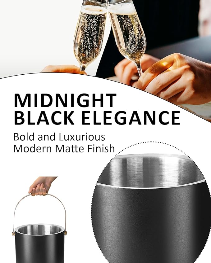 3L Ice Bucket with Silicone Lid, Scoop, Gold Tongs & Strainer, Stainless Steel Double Wall Insulated Ice Buckets for Parties & Cocktail Bar, Outdoor Champagne Ice Container Bin, Black-Ruum Studio Home