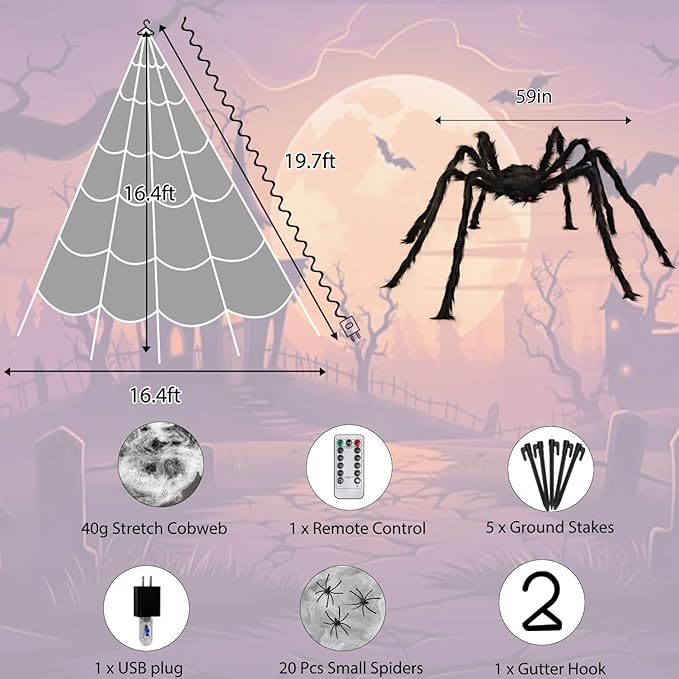 Halloween Spider Web Lights 550 LED Lighted Spider Web 16.4Ft Giant Halloween Decorations Light up with 8 Lighting Modes Waterproof & Timer for Indoor Outdoor House Haunted Yard Decor, Orange & Purple-Ruum Studio Home