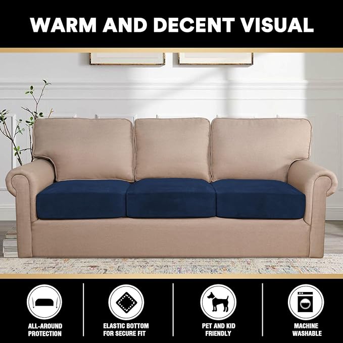 PrinceDeco Velvet Couch Cushion Covers 3 Pieces Velvet Separate Couch Cover Stretch Sofa Slipcover Washable Furniture Protector for Sectional Sofa(Each Width Up to 40", Navy)-Ruum Studio Home
