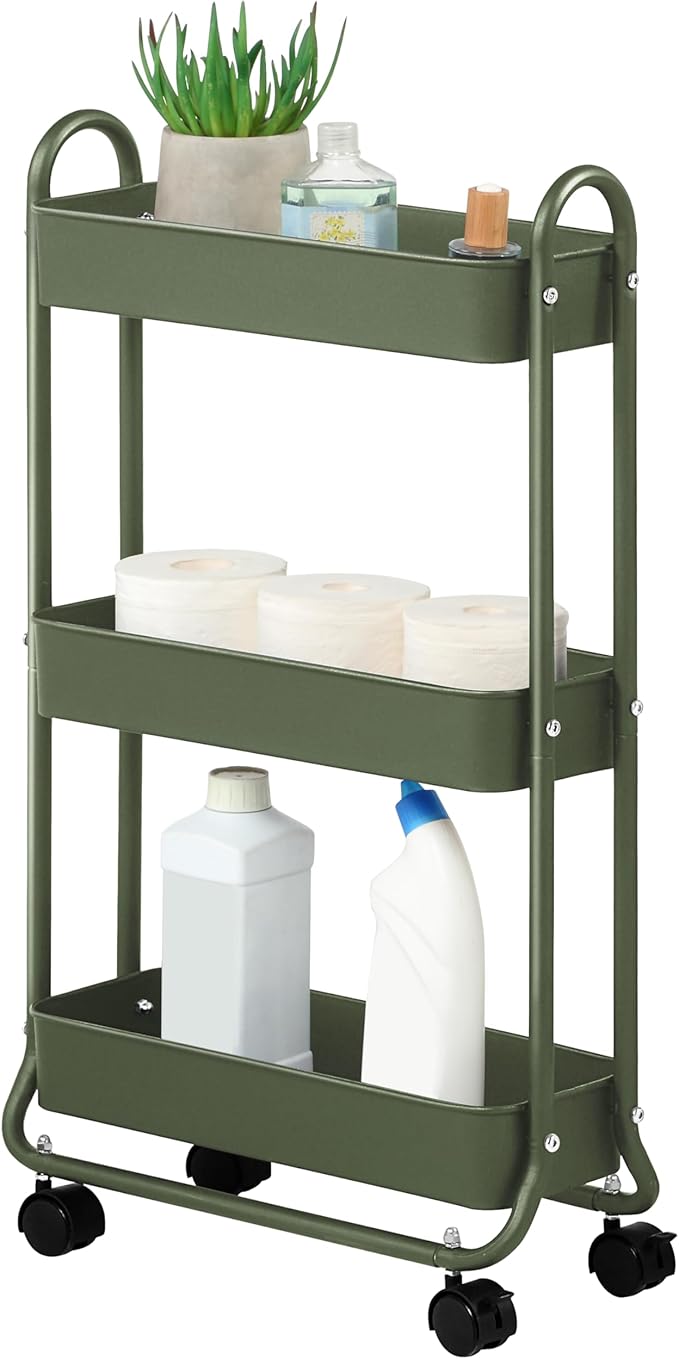 SunnyPoint Slim Rolling Storage Cart, 3 Tier Bathroom Storage Organizer Bathroom, Laundry Utility Cart (Army)-Ruum Studio Home