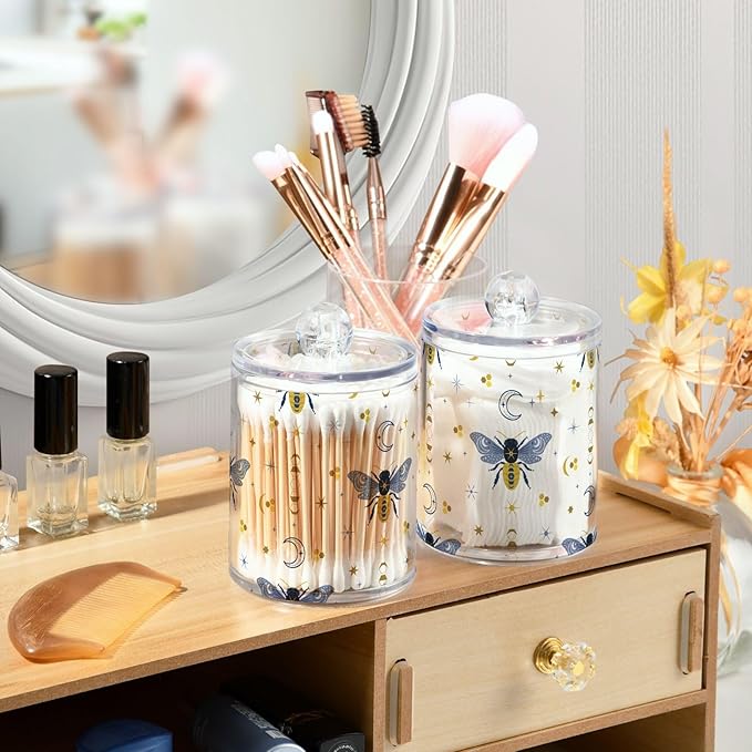 2 Pack Qtip Holder Organizer Dispenser Bee Boho Honeybee Insect Bathroom Storage Canister Cotton Ball Holder Container for Cotton Pads/Swabs/Floss-Ruum Studio Home