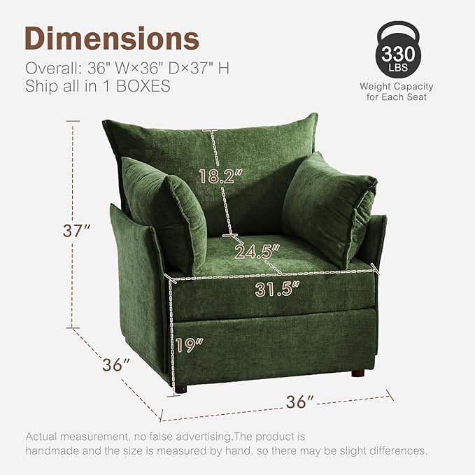 Oversized Accent Chair, Upholstered Modern Sofa Chair with Removable Backrest & Detachable Cover, 24.5" Deep Seat Large Reading Armchair for Living Room Bedroom Office - Chenille Green Set of 1-Ruum Studio Home
