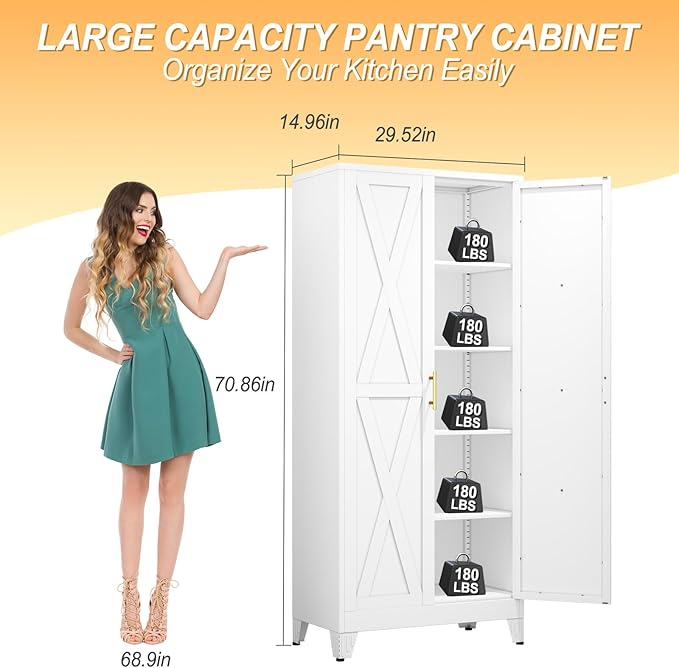 71" H Metal Kitchen Pantry Storage Cabinet, Freestanding Cupboard with 2 Doors and 4 Adjustable Shelves, Standing Storage for Kitchen, Bathroom, Garage, Dinning Room or Utility Room（White）-Ruum Studio Home