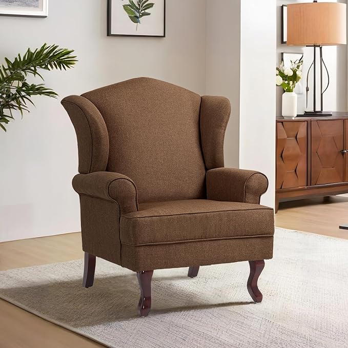 Accent Chair, High Back Upholstered Armchair with High Resilience Sponge & Wood Legs, Mid-Century Modern Comfy Single Sofa Reading Chairs for Living Room, Bedroom (Brown, Set of 1)-Ruum Studio Home