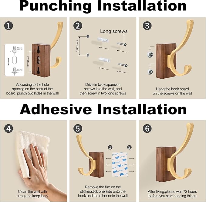 4 Pack Wooden Wall Hooks for Hanging, Adhesive Mounted & Wall Mount Nature Wood Coat Hook for Towel Clothes Blanket Hat Backpack Robe Nursery Door Board Entryway Key Holder Brushed Gold-Ruum Studio Home