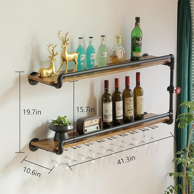 41 Inch Wine Rack Wall Mounted 2 Tier, Hanging Floating Bar Liquor Shelves with Glass Holder Storage Under, Industrial Rustic Pipe Farmhouse Kitchen Decor Black-Ruum Studio Home