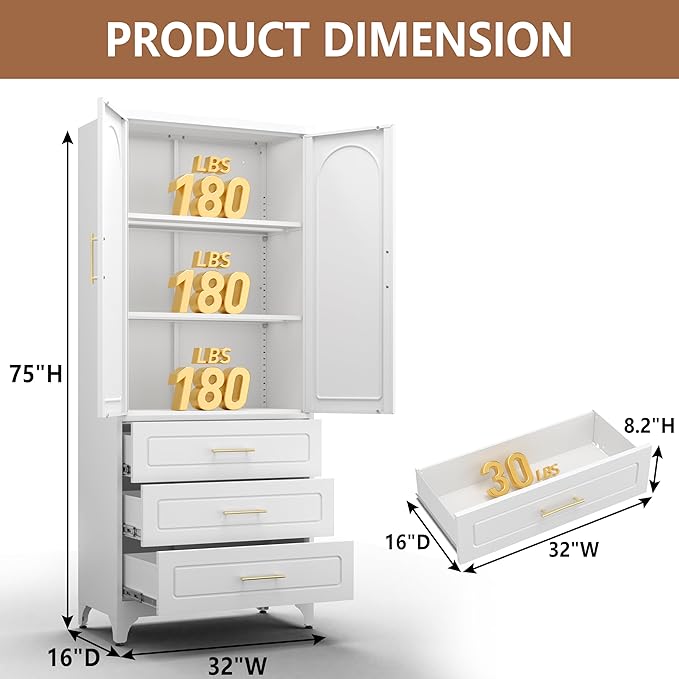 Kitchen Pantry Cabinet, 75" Tall Pantry Cabinet with Three Drawers, Freestanding Food Cupboard with Doors and Shelves, Metal Storage Cabinets for Dining, Living Room, White, Assembly Required-Ruum Studio Home