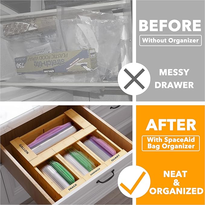 SpaceAid Bag Storage Organizer for Kitchen Drawer, Bamboo Organizer, Compatible with Gallon, Quart, Sandwich and Snack Variety Size Bag (4 Pack)-Ruum Studio Home