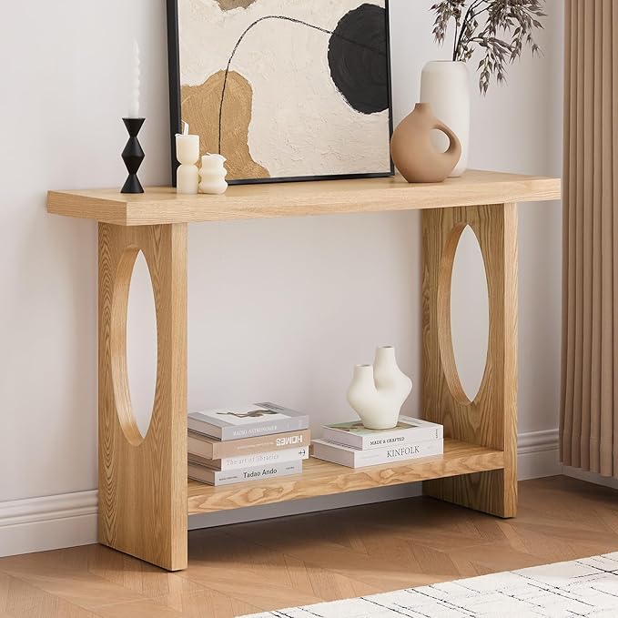 BECHAEO 47-Inch Farmhouse Narrow Console Table, 2'' Thickened Entryway Table with Solid Wood Veneer, 2-Tier Sofa Tables Behind Couch, Rectangle Hallway Tables for Living Room, Foyer Rustic Oak-Ruum Studio Home