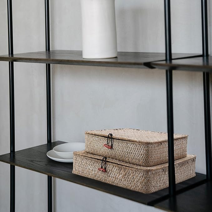 Whitewash Seagrass Basket with Lid Rectangular Decorative Storage Boxes for Shelf Organize Snack Toys Set of 2 (Large+Small)-Ruum Studio Home