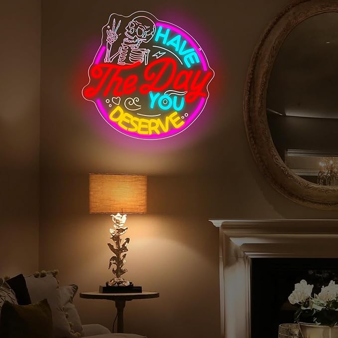 Have The Day You Deserve Neon Sign,Funny Skull Neon Signs For Wall Decor,USB Dimmable LED Neon Light signs for Bedroom,Party, Bar, club,Living Room Halloween Decoration Gifts-Ruum Studio Home