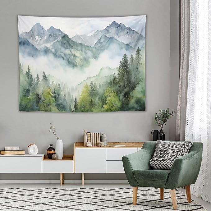 HZOHNAGO Mountain Tapestry Misty Green Forest Mountain Pattern Printed Wall Tapestry Wall Hanging for Bedroom Living Room Dorm 80" W x 60" H-Ruum Studio Home
