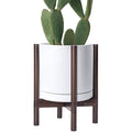 D'vine Dev Ceramic Planter with Walnut Color Stand - 12 Inch Modern Round Flower Pot with Wood Planter Holder, White, 55-B-W-1-Ruum Studio Home
