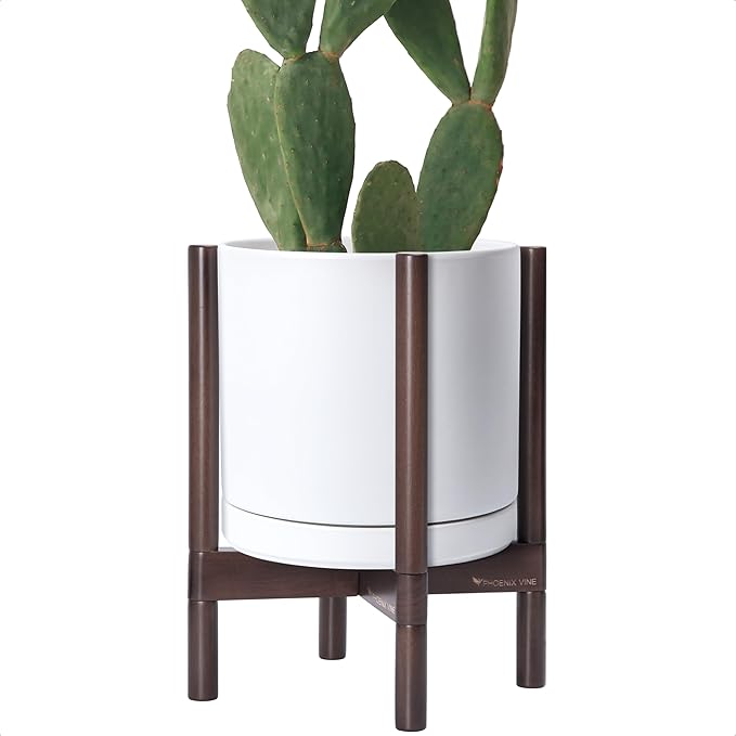 D'vine Dev Ceramic Planter with Walnut Color Stand - 12 Inch Modern Round Flower Pot with Wood Planter Holder, White, 55-B-W-1-Ruum Studio Home