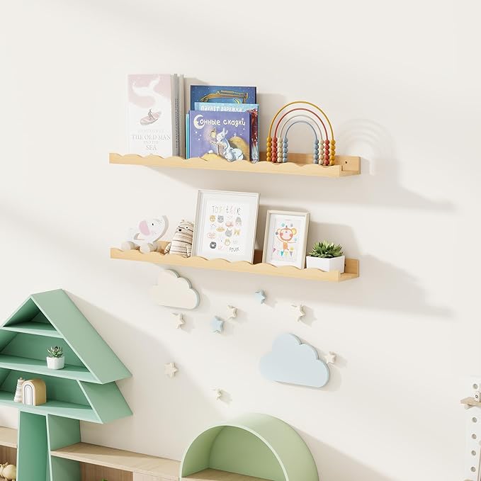 Fun Memories Picture Ledge Shelf for Wall, 36 inch Pine Wood Nursery Book Shelves Set of 2- Wall Book Shelves for Kids Room, Home Decor - Kitchen Spice-Natural-Ruum Studio Home