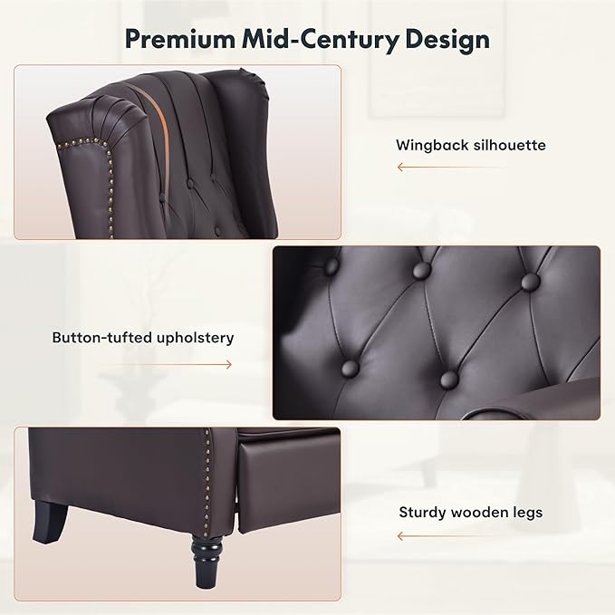 Softa Recliner Chair for Adults, Mid Century Wingback Pushback Accent Chair with Rivet Decoration, Tufted Upholstered Single Sofa Armchair for Living Room, Bedroom, Study (PU, Brown)-Ruum Studio Home