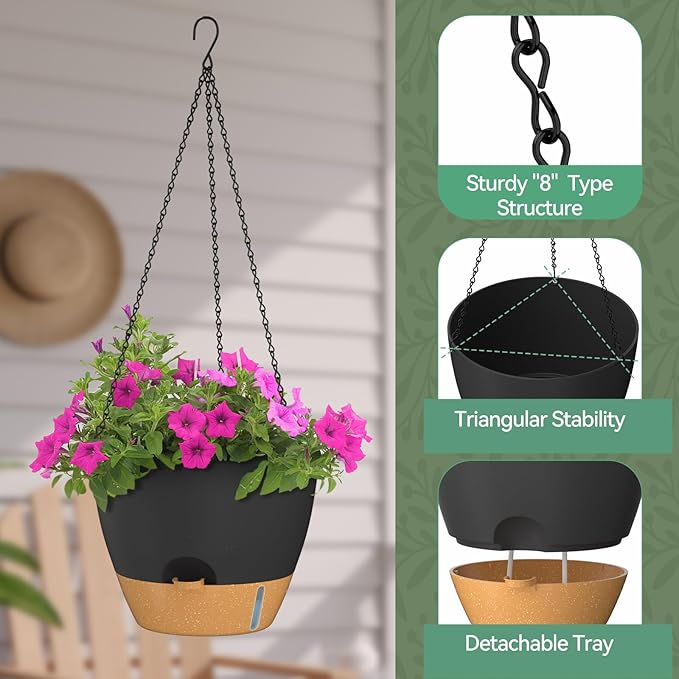 ZMTECH 12 Inch Hanging Planters for Indoor Outdoor Plants, 2 Pack Self Watering Hanging Plant Pots with Drainage Hole, Visual Reservoir, Plastic Flower Hanging Pots with Watering Lip (Black)-Ruum Studio Home