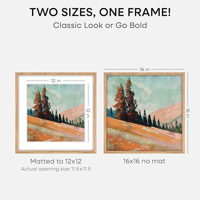 Homeforia 16x16 Picture Wood Frame, High End Natural Oak 16 x 16 Square Light Wooden Frames with Mat 12 by 12 inch Photo, 16by16 Poster Frames Matted to 12x12 Print, Tempered Glass, Wall Kit, Set of 1-Ruum Studio Home