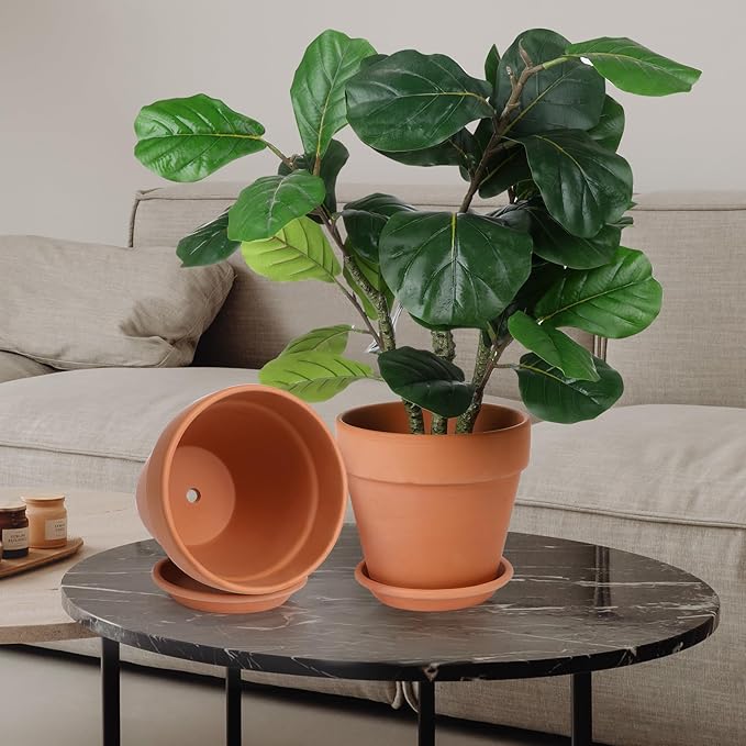 INGOFIN 12 Inch Terracotta Pot with Saucer - Ceramic Clay Pot for Plants with Drainage Hole, Large Terra Cotta Flower Planter with Tray for Indoor Outdoor Plants-Ruum Studio Home