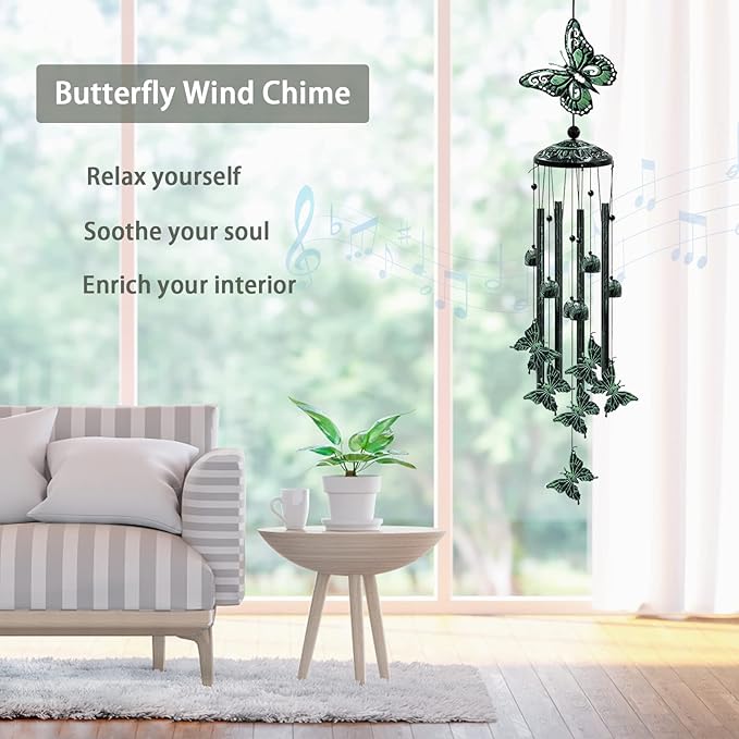 Wind Chimes for Outside, 33" Butterfly Wind Chimes Outdoor, Gifts for Women Mom Grandma Birthday, Gift for Garden Porch Patio Home Decor (Green)-Ruum Studio Home