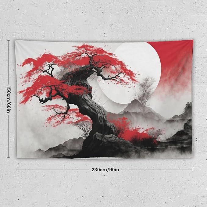 Cherry Blossoms Tapestry, Japanese Red Landscape Asian Watercolor Abstract Art, Bedroom Living Room Decor 90"x60"-Ruum Studio Home