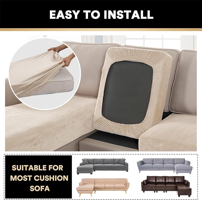 PrinceDeco Sectional Couch Covers 4 Pieces Couch Covers for Sofa Velvet Separate Couch Cover L Shape for Left/Right Chaise(3 Seater + 1 Chaise,Ivory)-Ruum Studio Home