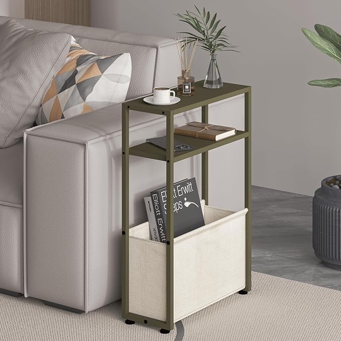 Narrow Side Table, Slim End Tables with Fabric Basket, Skinny Table for Small Spaces, Thin Bedside Table for Living Room, Bedroom (1, Forest Green + Camel Brown)-Ruum Studio Home