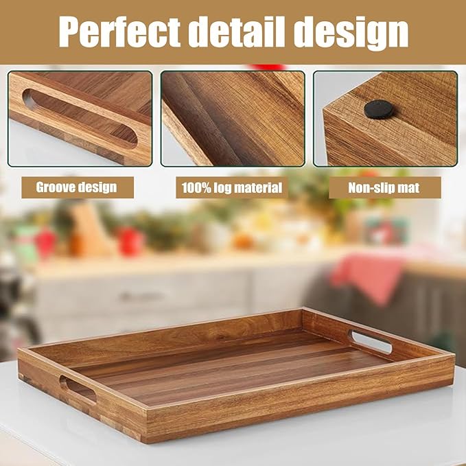 Acacia Wood Serving Tray with Handles - 17-Inch Large Wooden Tray for Ottoman - Perfect for Breakfast, Lunch, Dinner, Appetizers, Patio, Ottoman, Coffee Table,BBQ, Party – Great for Lap &Couch ﻿-Ruum Studio Home