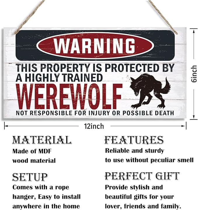 Warning Sign, Werewolf Warning Wood Plaque Sign, Funny Door Signs, Decorative Wood Hanging Suspension Plaque, Farmhouse Wooden Wall Decor, Outdoor Hanging Wooden Signs-Ruum Studio Home