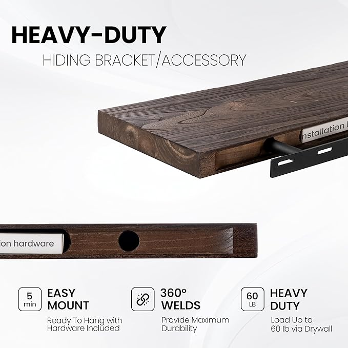 Fun Memories Floating Shelves for Wall, 48"x9.3" Rustic Solid Elm Wood Wall Shelves, Heavy-Duty Mounted Shelves with Invisible Brackets, Set of 2 for Living Room, Bedroom, Kitchen, Walnut Finish-Ruum Studio Home