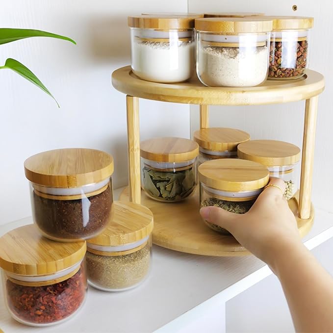 Wood Lazy Susan Organizer Bamboo 2-Tier Rotating Storage Rack – 360° Turntable Organizer for Kitchen, Spices, Cosmetics-Ruum Studio Home