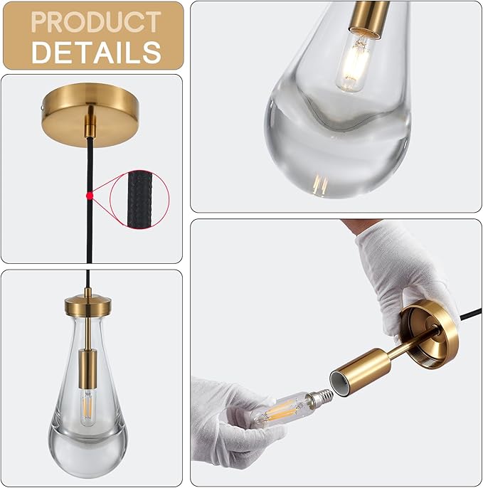 Raindrop Pendant Light, Brass Glass Pendant Lighting, Teardrops Modern Hanging Light for Entryway Foyer Stairway Kitchen Island Bedroom Dining Living Room Hallway-Ruum Studio Home