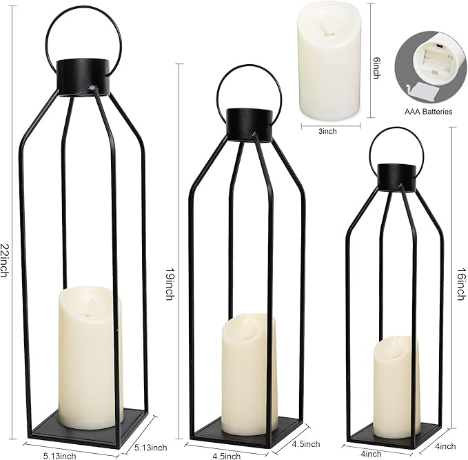 HPC Decor 22'' 19'' 16'' Lanterns Decorative w/Flickering Timer Candles- Tall Large Black Metal Candle Lanterns Set of 3- Modern Farmhouse Decor for Indoor,Outdoor,Tabletop,Porch (No Glass)-Ruum Studio Home