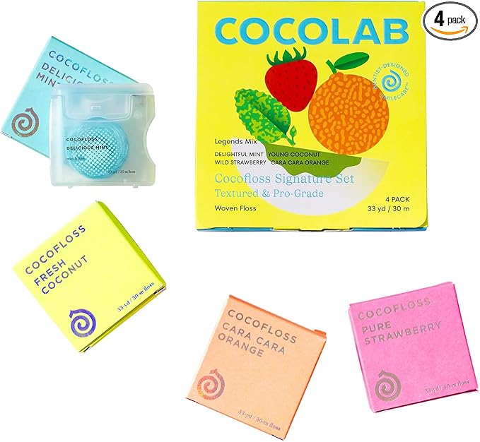 Cocofloss Woven Dental Floss, Dentist-Designed Oral Care, Waxed, Vegan, Kid-Friendly, with Coconut Oil, 4-Pack of Mint, Coconut, Orange, Strawberry (33 yard Each)-Ruum Studio Home