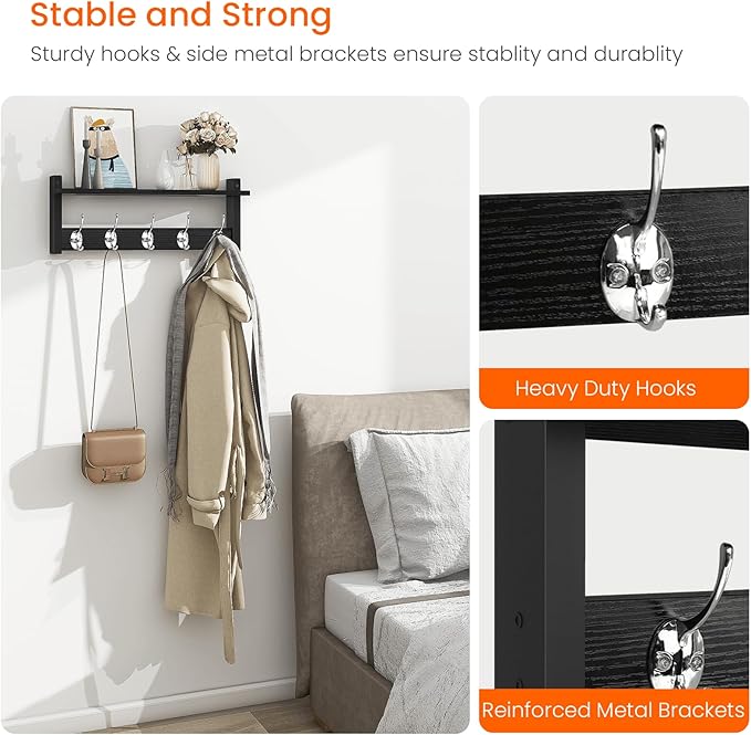 Homode Wall Coat Rack With Shelf, Wood Entryway Hanger With Hooks, Small Floating Pegs for Hanging Coats, Hats, Purses, Backpacks, Black-Ruum Studio Home